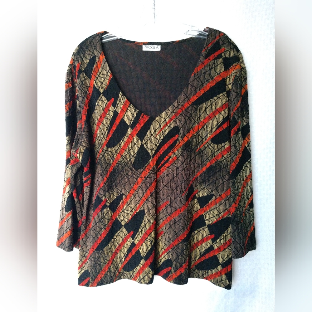 Nicola Stretch Knit Top Black Red Brown Abstract Print V Neck Large Chest 38"